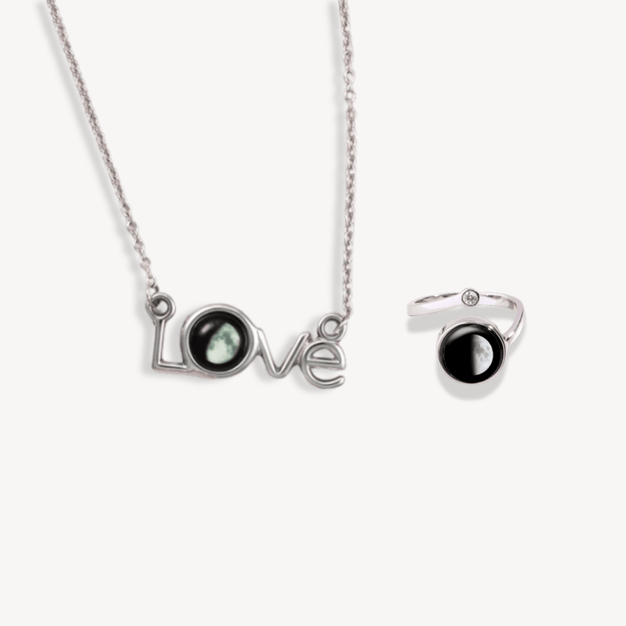 Luna Love Necklace in SS + Cosmic Spiral Ring in Rhodium