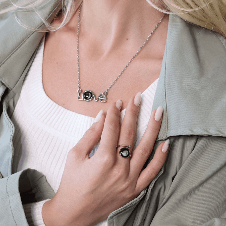 Luna Love Necklace in SS + Cosmic Spiral Ring in Rhodium